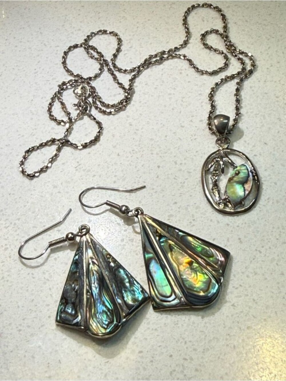 Sterling Silver / Alpaca MexAbalone Shell Necklace and Earrings Set